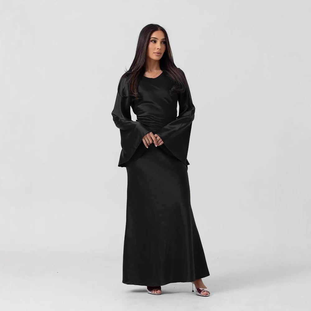 2025 Islamic Muslim Women Dress Simple Solid Color Elegant Satin Long  Dresses Dubai Turkey Modest Muslim Dress for Women