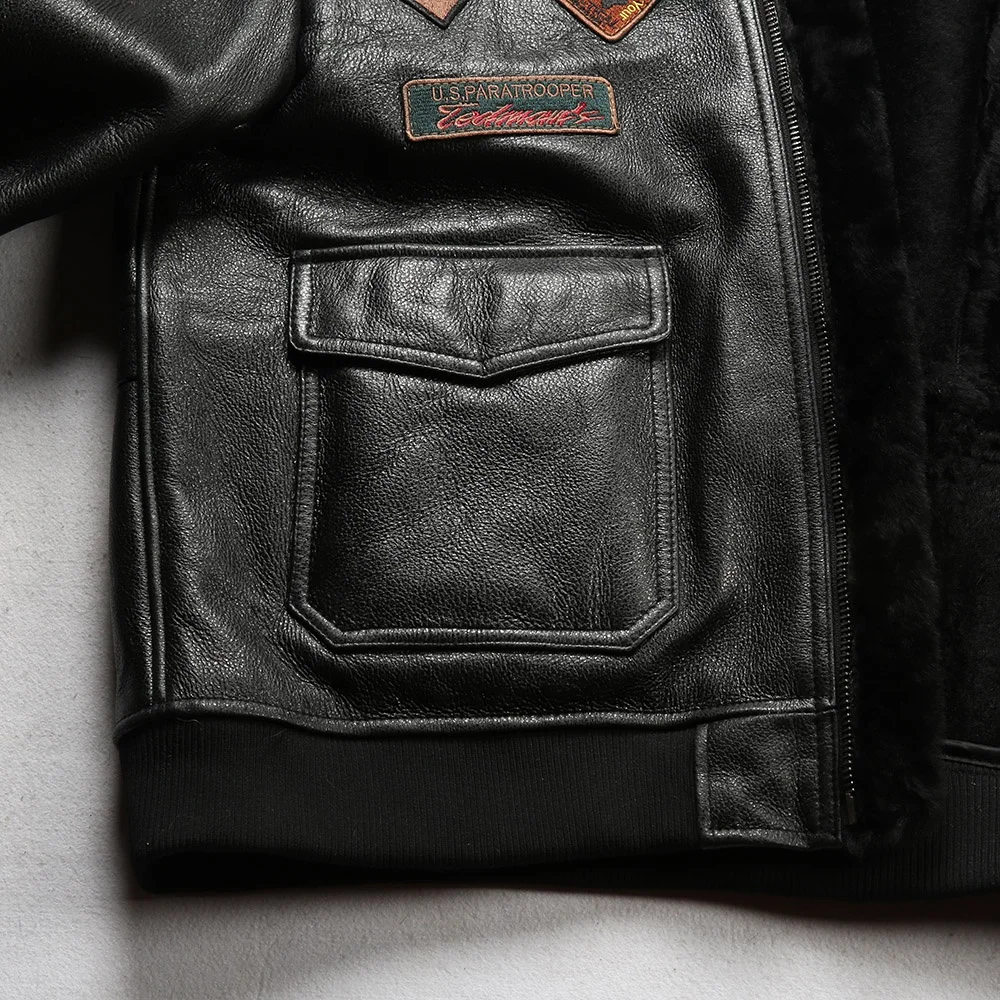 Men's Genuine Leather Bomber Jacket With Sheepskin Fur Lining_voghion.com