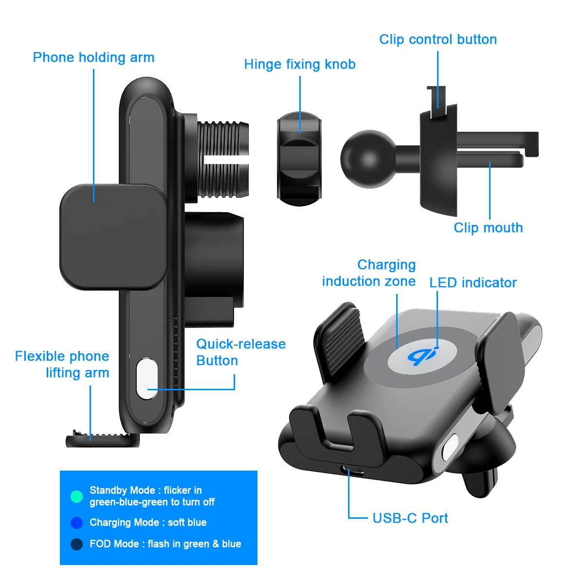 KC Certified Light up Logo Fast Wireless Car Phone Holder Charger