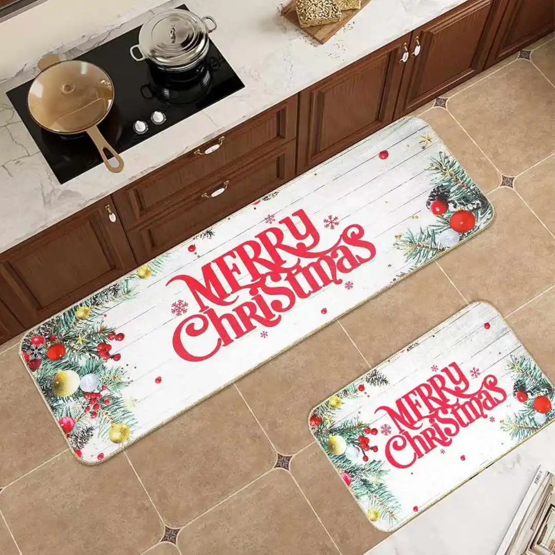 Red Merry Christmas Kitchen Rug Sets   Decorative Area TPR Backing Floor Doormat factory