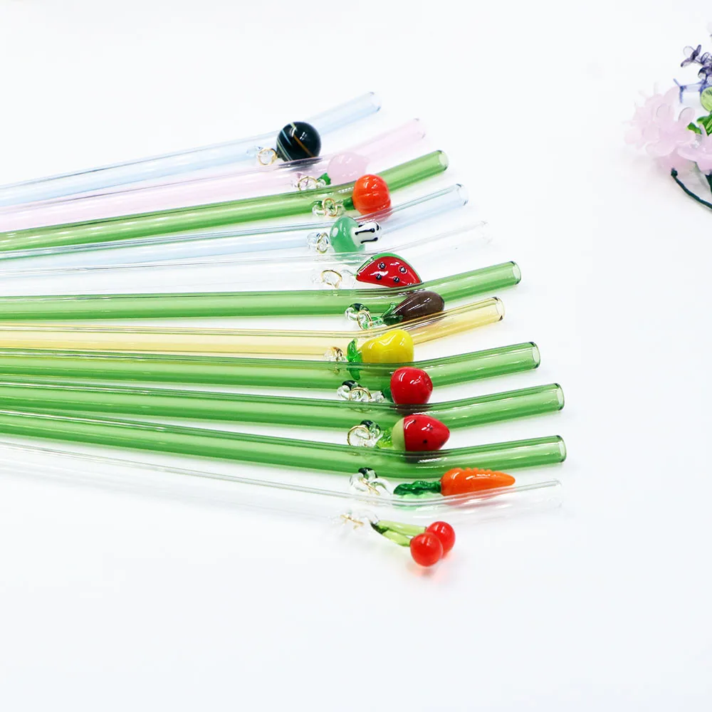 New Arrival Customize Eco Friendly Reusable Borosilicate Clear Bent Glass Drinking Straw With pendants