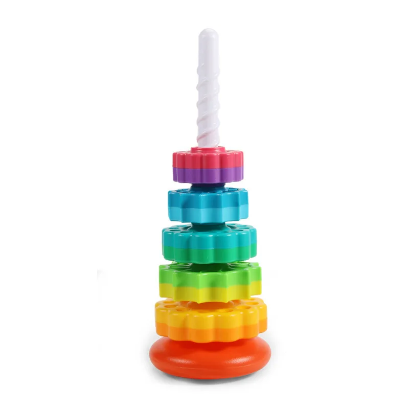 Creative Baby Spin Stack Tower Early Educational Toddler Learning Toys Rainbow Ring Flower Spinning Wheel Toys Family Game
