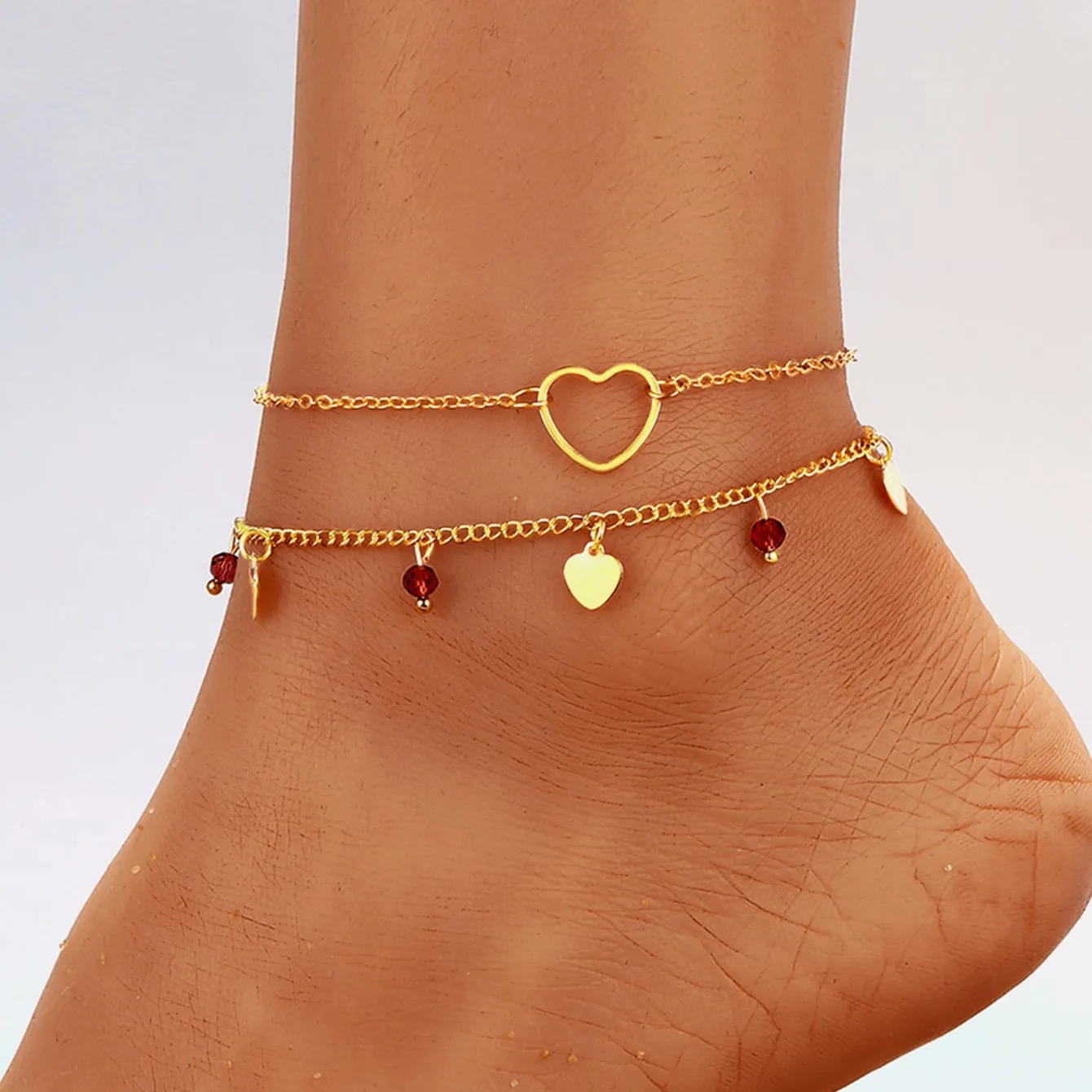 Fashion Jewelry Girls Non Tarnish Cute Ankle Bracelet Red Heart 18K Gold  Anklets for Women