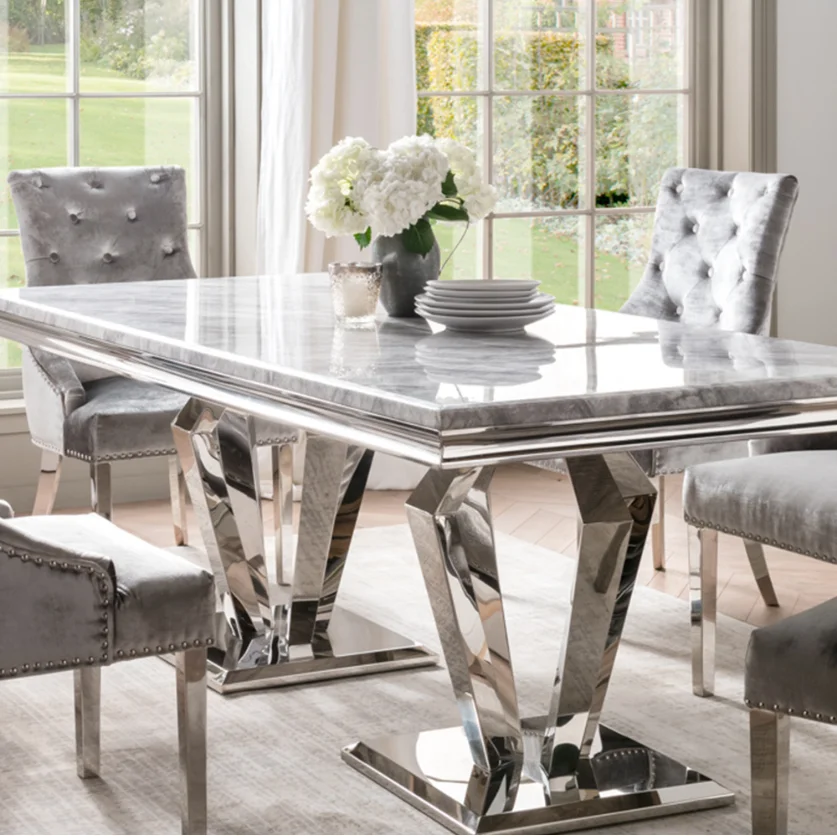 Luxury Grey Marble top Dining table set Rectangle tables crushed diamond dinning room furniture ...