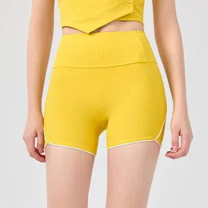 Wholesale Custom Nylon and Spandex Ribbed Fabric Style Solid Color Logo Quick-Drying Knit Tight Waist Yoga Shorts for Women