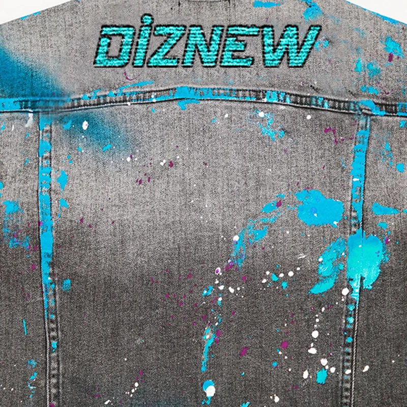 DiZNEW Custom Brand Logo Screen Printing Fashion Wash Distressed Denim Fabric Loose Fit Jacket supplier