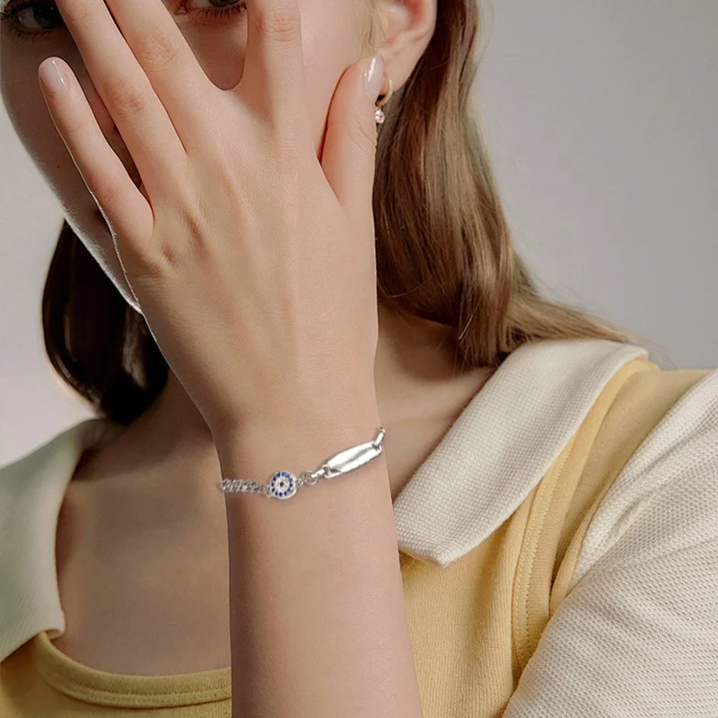 Simple Blank Rectangular Bracelet 925 Sterling Silver Zircon Cuban Chain Blue Eyes Bracelet for Women