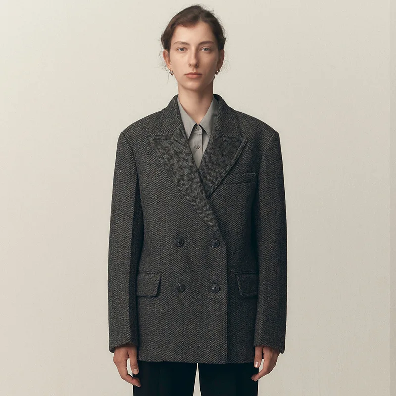 AU Custom Double Breasted Wool Woven Solid Blazer for Women 2025 Autumn/Winter Wide-Shoulder Loose-Fit Long-Sleeve Jacket