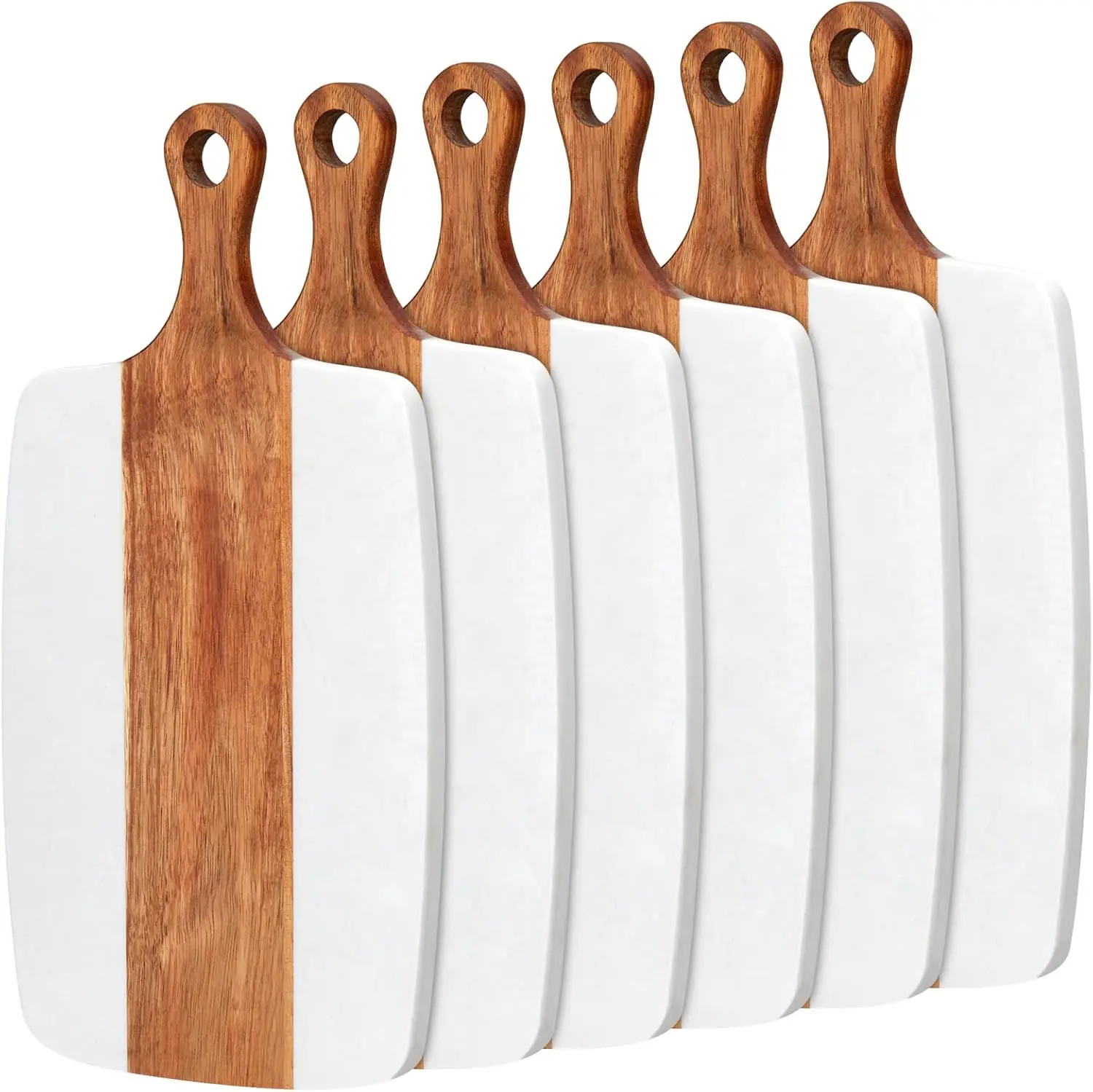 6 Pcs Charcuterie Chopping Board  Acacia Wooden Marble Serving Tray with Handle Marble and Wood Cutting Board for Kitchen