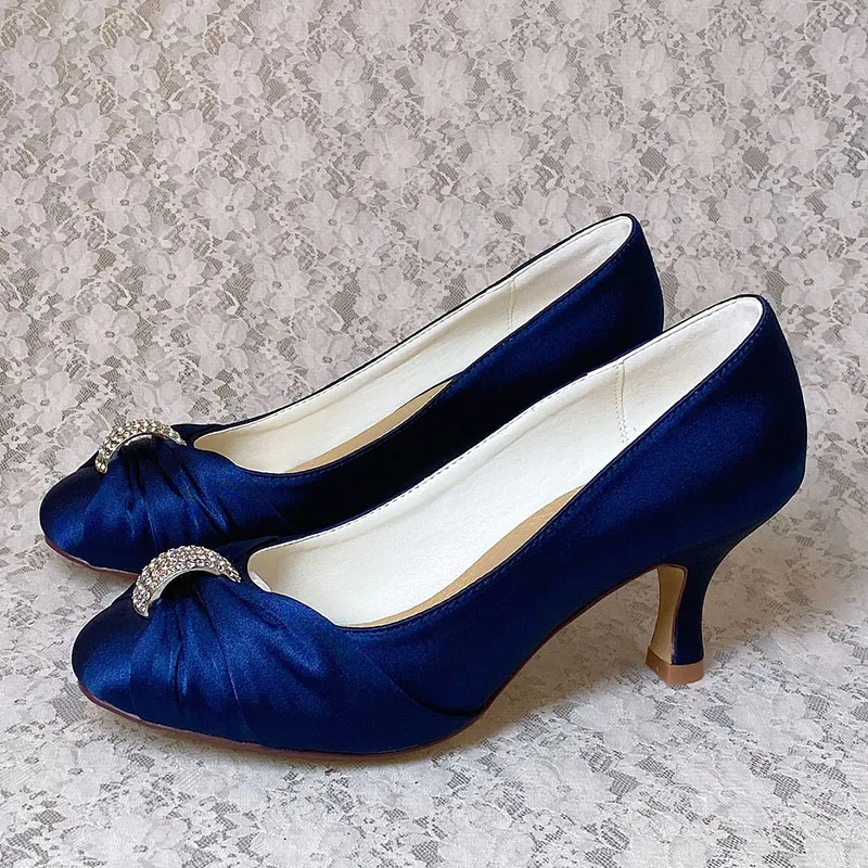 Navy Blue Women Closed Heels Party Shoes with Slip-On Design