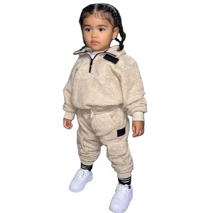 Winter Autumn Kids 2 Piece Clothing Wool Sherpa Half Zipper Sweatshirt Jogger Pants Girls Fashion Tracksuit