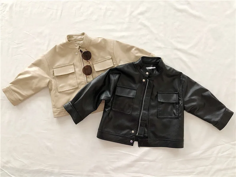 Q30727 Toddler Girls 2 - 9 Years unisex Pocket Cropped Fox Leather Jacket outwear kids PU coat Shirt Crop