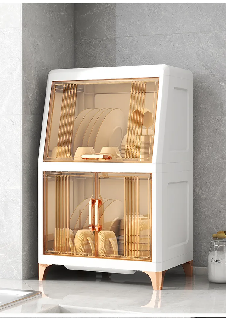 Desktop Large Capacity Bowl Storage Cabinet With Drain Rack Dish Cupboard Double Layers