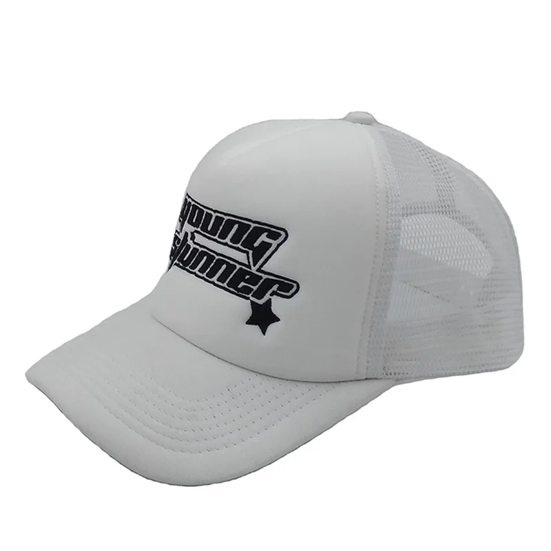 Plain Solid Color City Cap Custom  logo Raised  Embroidery  Snapback Hat Foam White Trucker Hat With Nylon Mesh