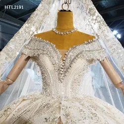 Jancember HTL2191 Luxury Light Champagne Sweetheart Neck Off Shoulder Pearl Wedding Dress