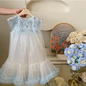 Girls Kids Elegant Sequined Mesh Sleeveless Knee - Length Evening Dress Children's Light Blue Ruffled Tulle Skirt