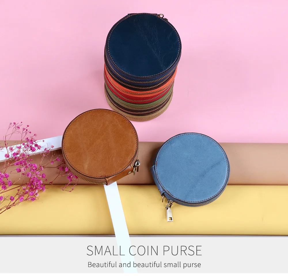 Cowhide Leather Women Zipper Cute Coin Purse Custom Round Genuine