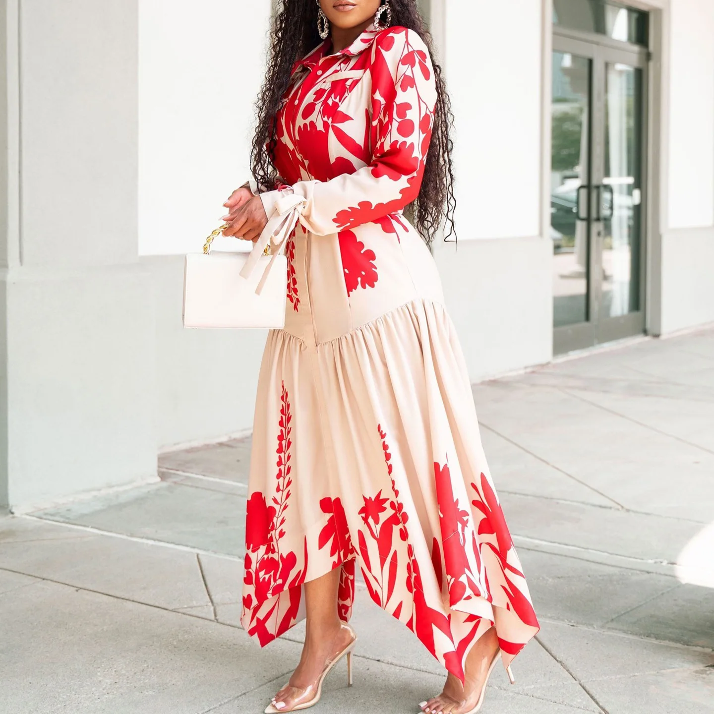Women's Summer Floral Dress New European American Style Long Sleeved Turn-Down Collar Irregular Loose Plus Size Woven Digital