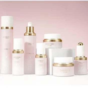 Luxury matte pink skincare cream jar container serum oil dropper toner lotion pump glass bottle cosmetic packaging sets gold cap