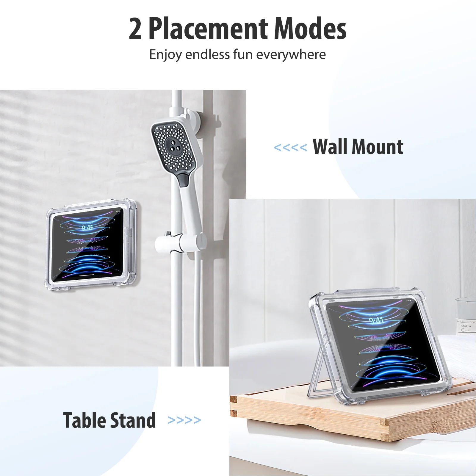 MoKo 360 Rotating Clear ABS Anti Fog Touch Screen Water Resistant Bathrooms Shower Kickstand Tablet Holder for iPad Pro 11