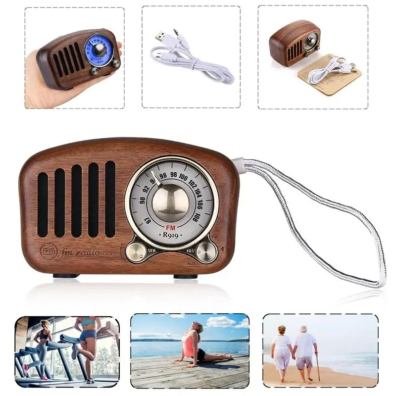 R919 Classical Retro Radio Receiver Portable Mini Wood FM SD MP3 Radio Stereo Bluetooth Speaker AUX USB Rechargeable Radio