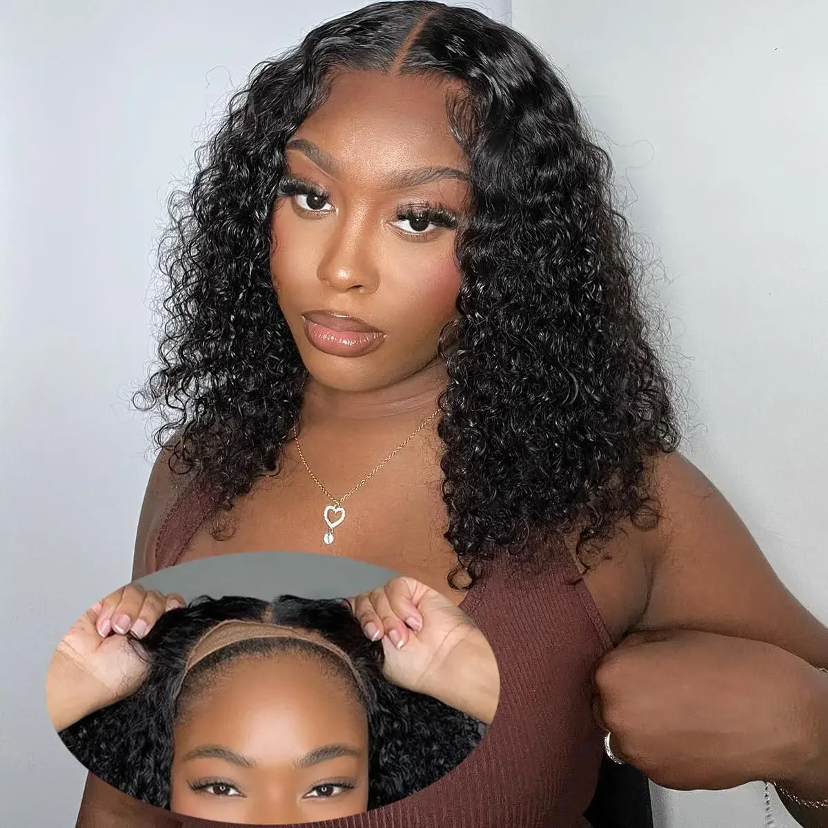 14 Zoll Lace Front Glueless Bob Perücke Echthaar Deep Wave vorgezupft_voghion.com
