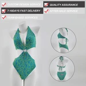Green Leaf Print Cutout Halter Swimsuit - Customizable & Fast Delivery