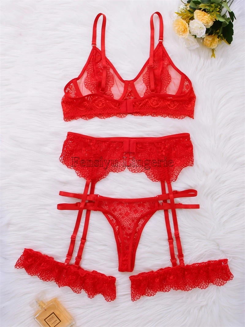 Women Sexy Lingerie With Garter Belts Red Lace Bras Sex Panties ...