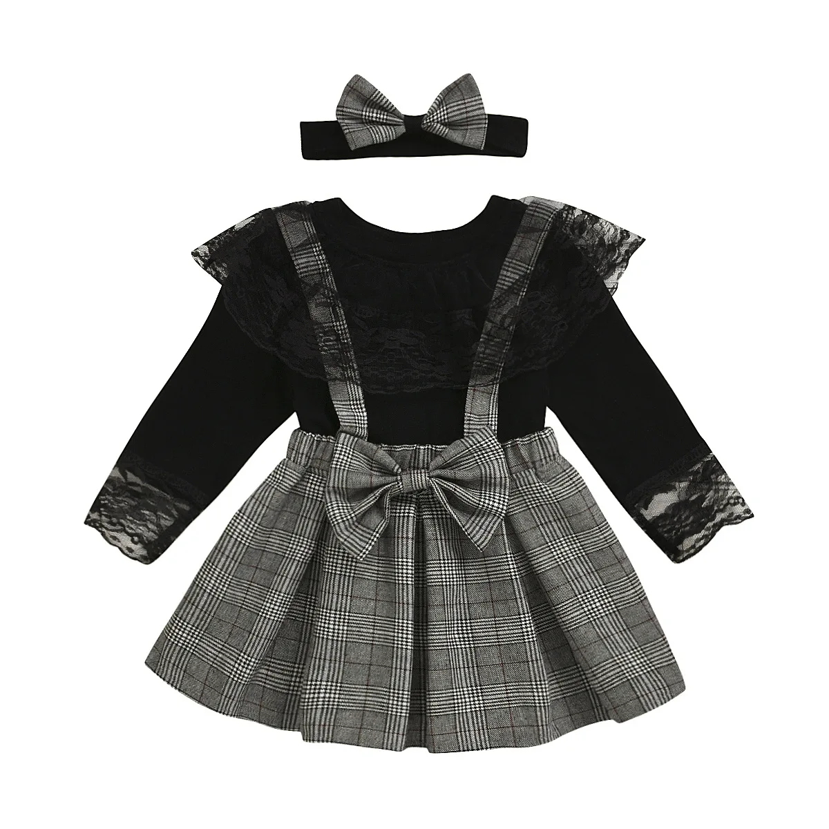 Spring and summer ins wind European and American girls suit plaid strap lace lace skirt pants