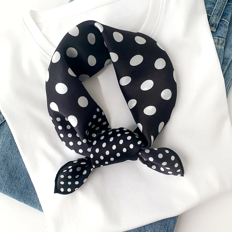 Shop Our Mulberry Silk Scarf - Elegant Black & White Polka Dot display picture 3