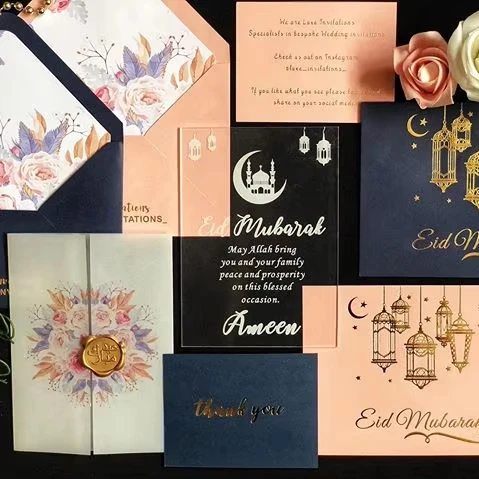 Custom Eid Mubarak Theme Hot Stamp Gold Foil Lamp Invitation Cards with Envelopes