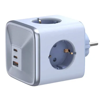 EU New Style 4 Outlet Socket Adapter Power Cube Travel Socket Extender 4 EU Outlets with 1 USB Ports Gan