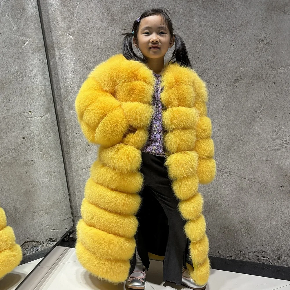2024 Winter Warm Fluffy Yellow Long Fox Fur Coat for Kids