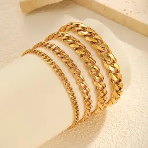New Trendy Chunky 3mm 5mm 7mm 9mm Gold Plated Stainless Steel Bracelet Cuban Chain Bracelet for Women and Men