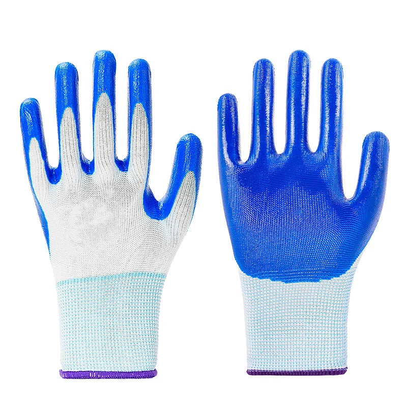 13 Gauge Nylon Blue Nitrile Palm Coated Work Gloves Non Slip Industrial