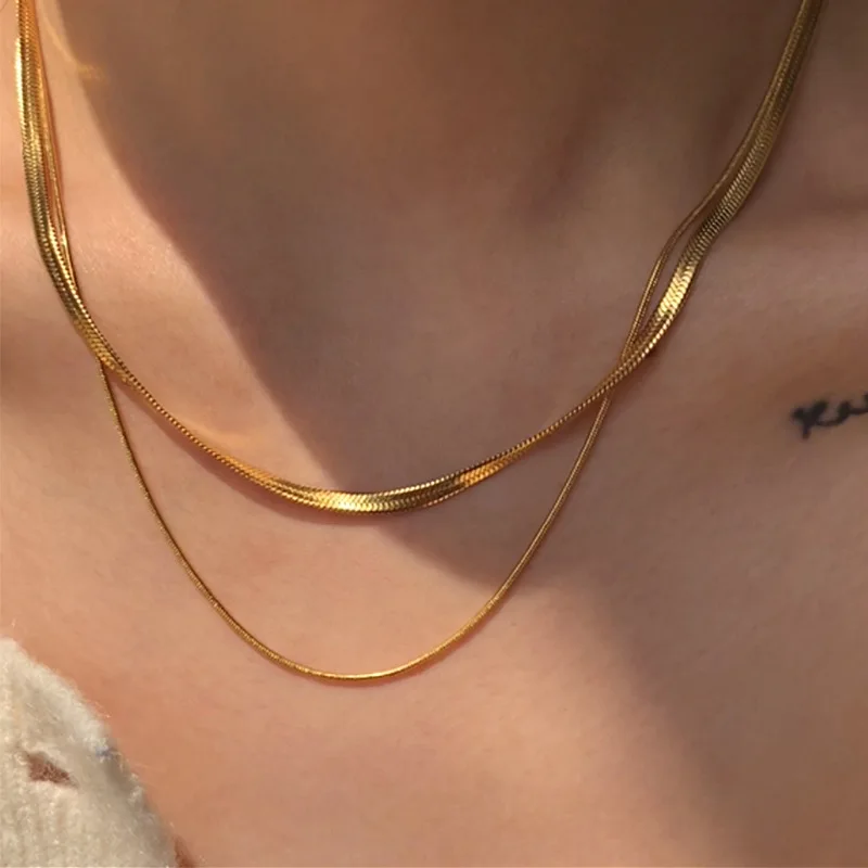 18K Gold Plated Double Layer Snake Bone Chain Necklace Snake Chain Flat Snake Gold Choker Necklace for Women Men