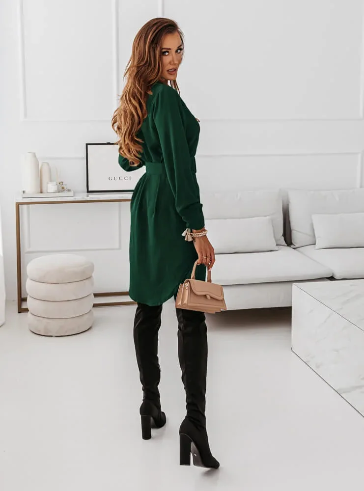Autumn Winter Fashion Slim Green Dress Woman Casual Turn-down Collar Single  Breasted Belted Mini Dresses for Women Vestidos