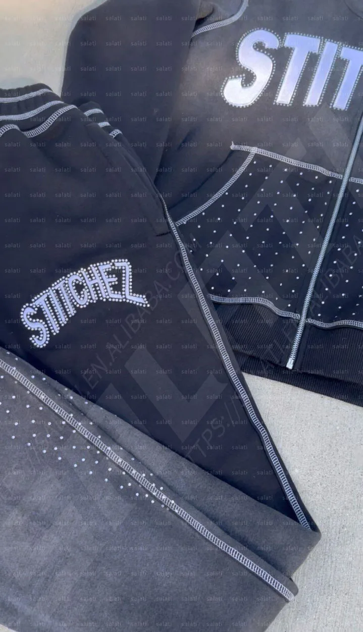 Custom Distressed Acid Wash Tracksuit Rhinestone Zip up Sweatsuit Contrast Stitch Track Suit Flare Sweatpants and Hoodie Set Men gallery 3