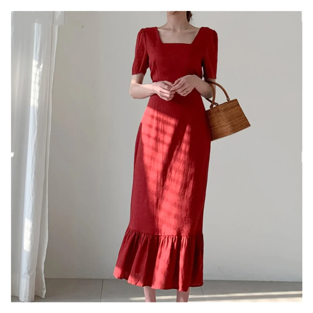 Mujeres De Moda Elegante Para Mujer Elegante Vestido De Lino Rojo De Manga  Corta Smocked Vestidos Para Fiesta - Buy Vestido De Lino Para Niñas,Vestido De  Lino Para Mujer Boho,Para Mujer Primavera