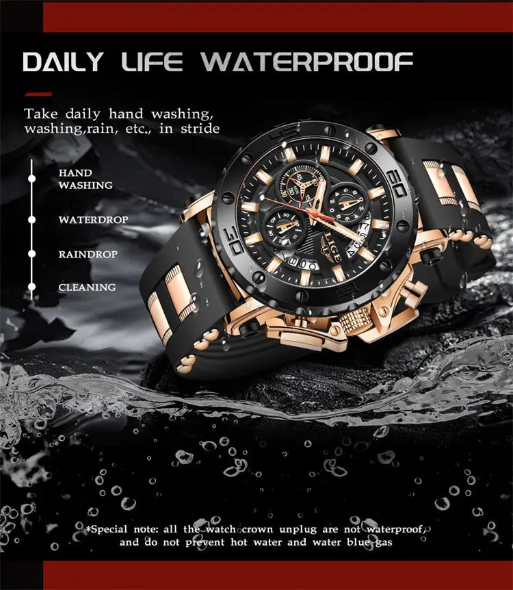 LIGE LG8987 High Quality ODM Male Quartz Watch Latest Silicone Steel Band Luminous Chronograph Calendar Business Wrist Watch