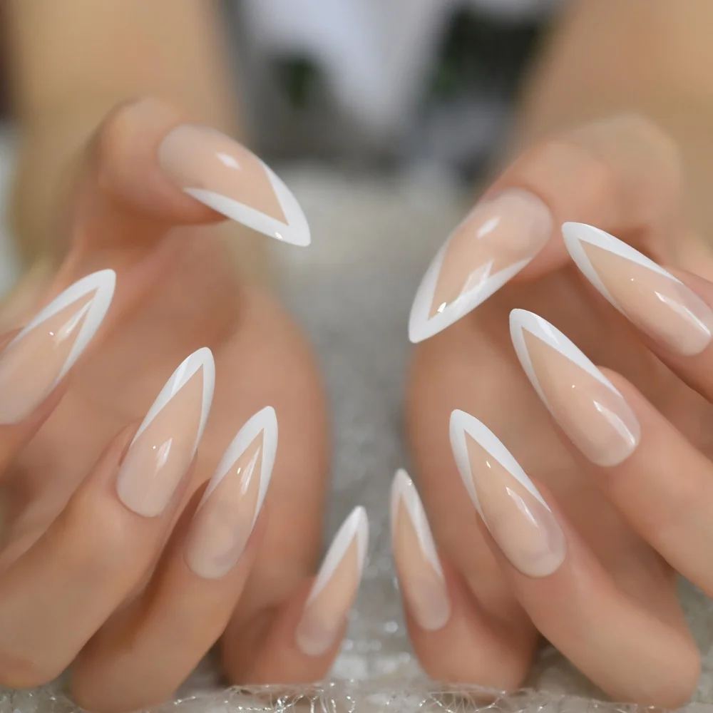 Premium Photo | Very long french manicure on almond shaped nails
