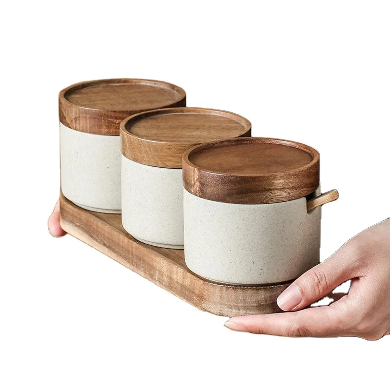 Kitchen Ceramic Seasoning Jar With Wooden Lid and Spoon Salt Jar Bamboo Cover Kitchen Organizer Tools