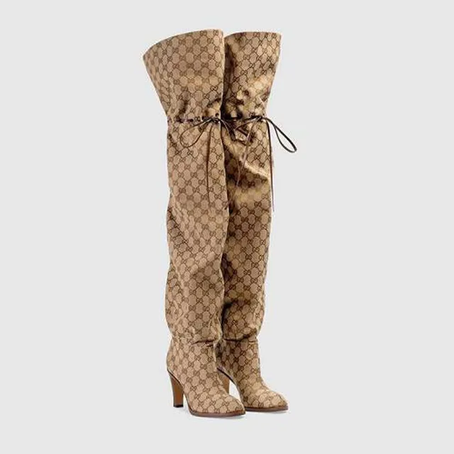 Round-headed thick-heeled over-the-knee ladies' boots with high, fluffy, patterned strap retro boots