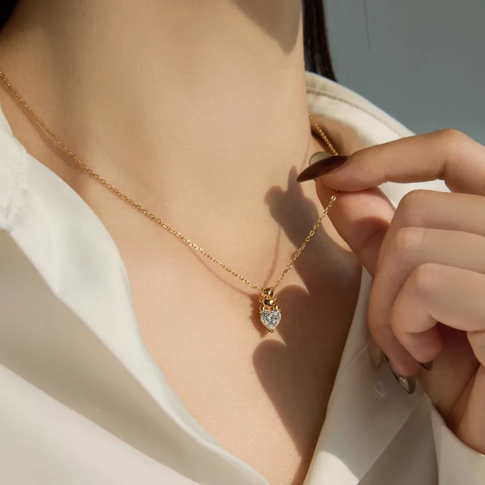 KAKODIY simple design fine jewelry rhodium plated champagne gold 925 Sterling Silver chain bear heart 5A zircon pendant necklace detail 1