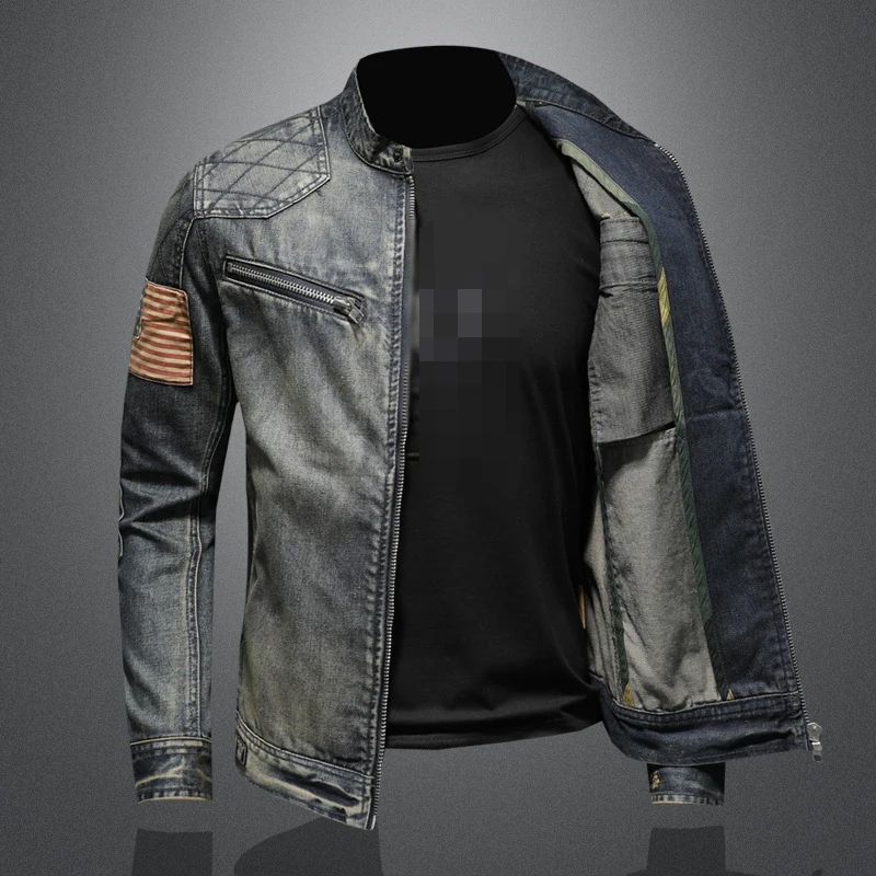 Trendy Spring Autumn Denim Tops Men's Personality Stand Collar Zipper Men Jean Jacket_voghion.com