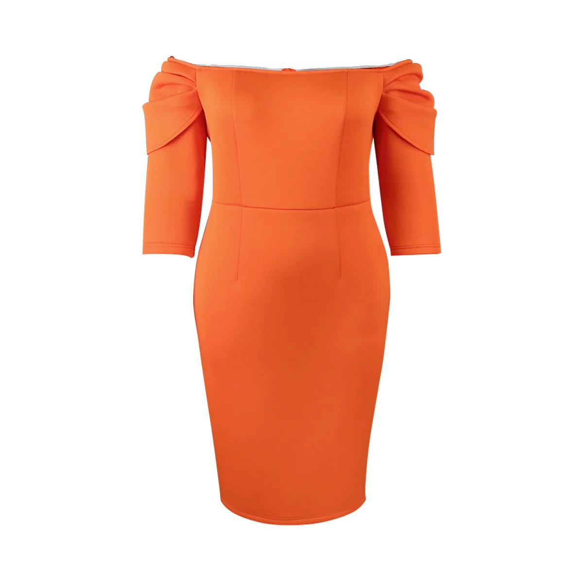 2024 Casual Dresses off Shoulder Three-Quarter Sleeve Flared Mid-Calf  Elegant Orange Color High Waist Formal Bodycon Midi Dress