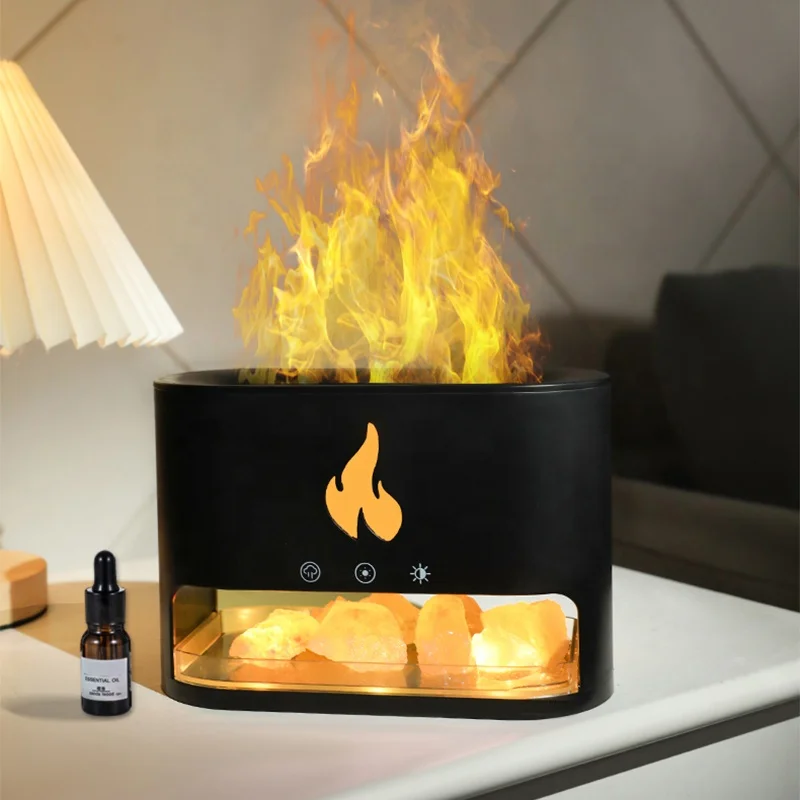 Custom Logo Fire Flame Aroma Diffuser 250Ml Himalayan Crystal Salt Rocks Touchable Flame Air Humidifier Diffuser Essential Oil