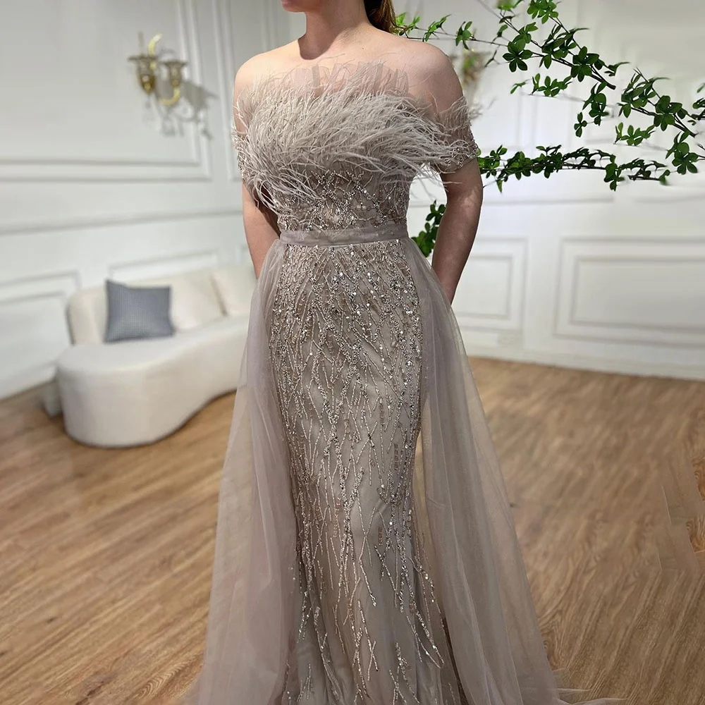 Serene Hill LA71634 Dubai Luxury Green Beaded Feathers Mermaid Evening Dress with Overskirt Wedding Party Gowns for Women
