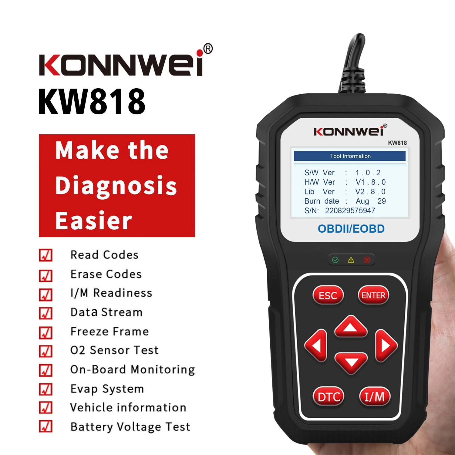 KONNWEI KW818 Car Fault Code Reader - Diagnose 07e8 & P0000