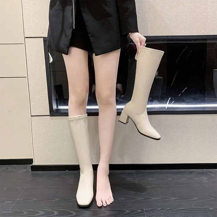 2023 New Styles Solid Color Square Toe Chunky Heel Knee High Boots Fashion Back Zipper Leather Long Boots for Women